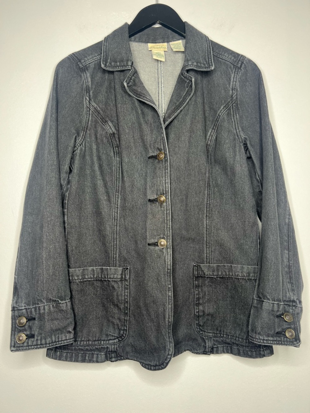St John’s Bay Black Denim Jacket Size S Sun Button Western Boho Patch Pockets
